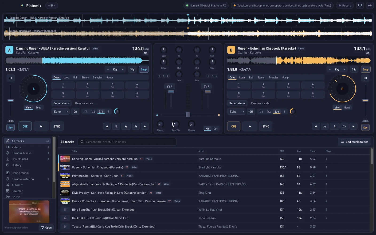 Pistamix with two karaoke videos loaded on decks A and B, their waveforms, the mixer, and the track library below.