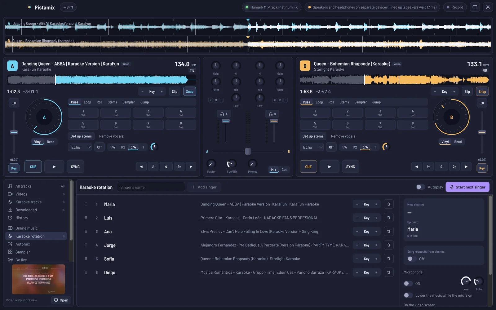 The karaoke rotation in Pistamix: six singers in order, each with their song and a key change, next to the microphone settings.