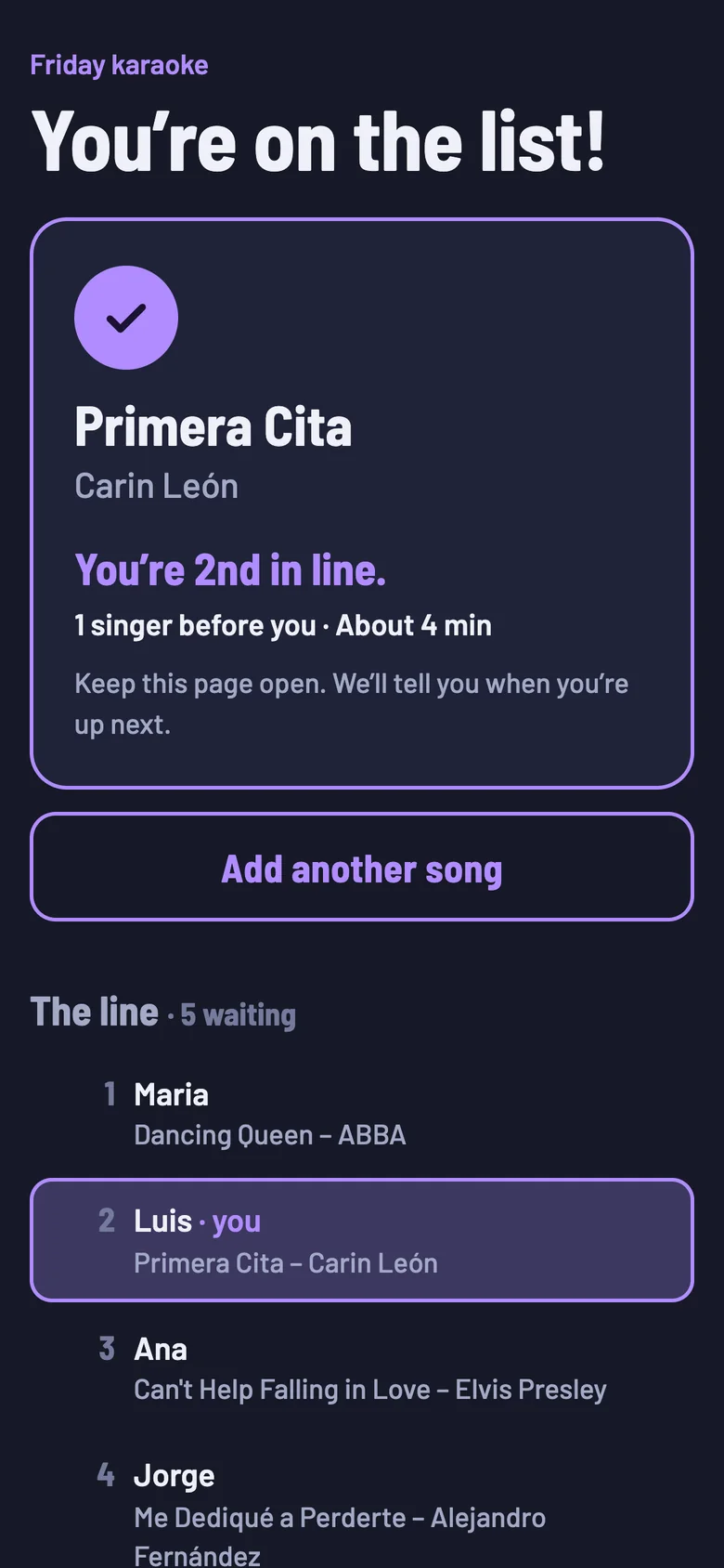 A guest’s phone: You’re on the list, 2nd in line, about 4 minutes, with the whole line below.