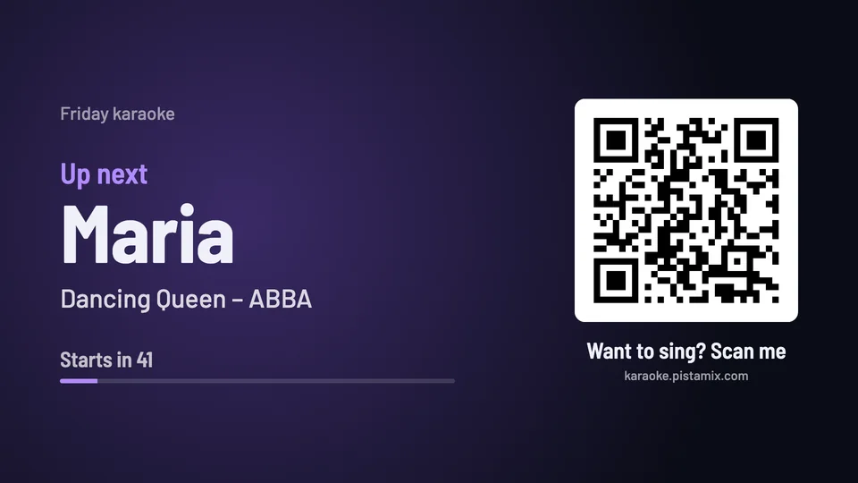 The karaoke TV screen between singers: Up next, Maria, Dancing Queen by ABBA, a countdown, and a QR code to sign up.