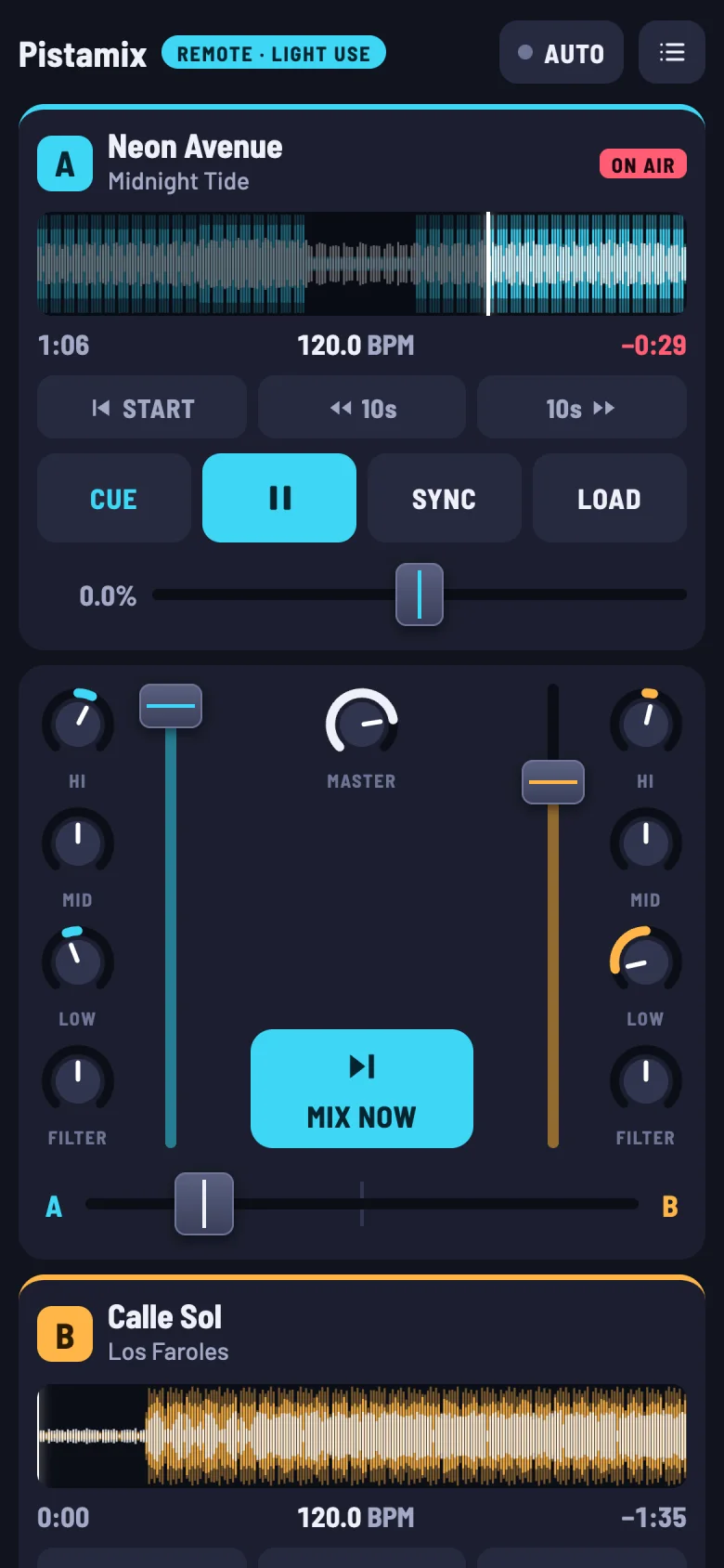 The phone remote held upright: deck A with its waveform, Start and 10-second jumps, cue and pause, above the mixer.