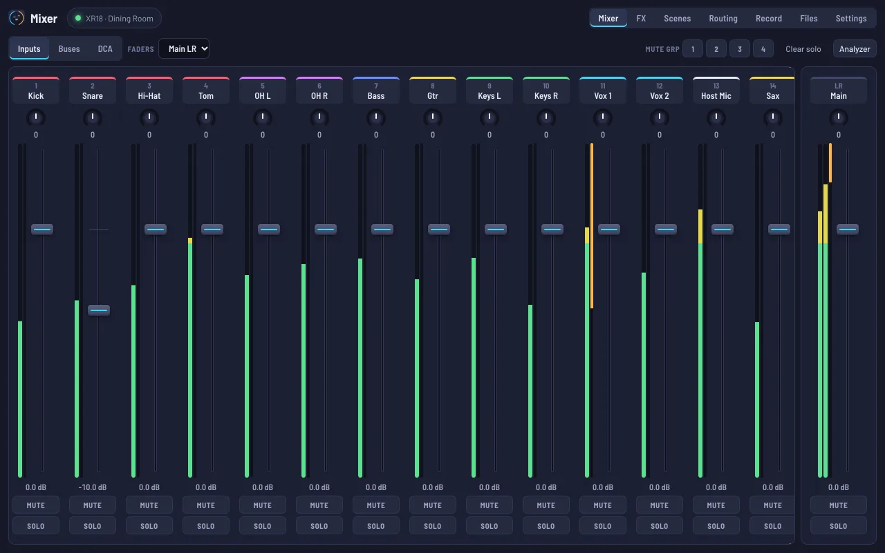 The Pistamix Mixer screen: channel strips for Kick, Snare, Hi-Hat and the rest with level meters, pan, faders, mute and solo, and the main LR fader on the right.