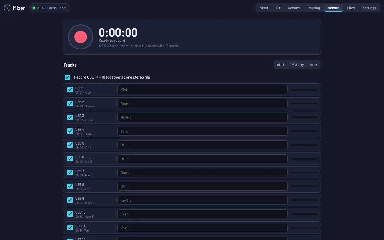 The Record screen: a record button, free disk space, and one track per USB channel named after the mixer's channels.