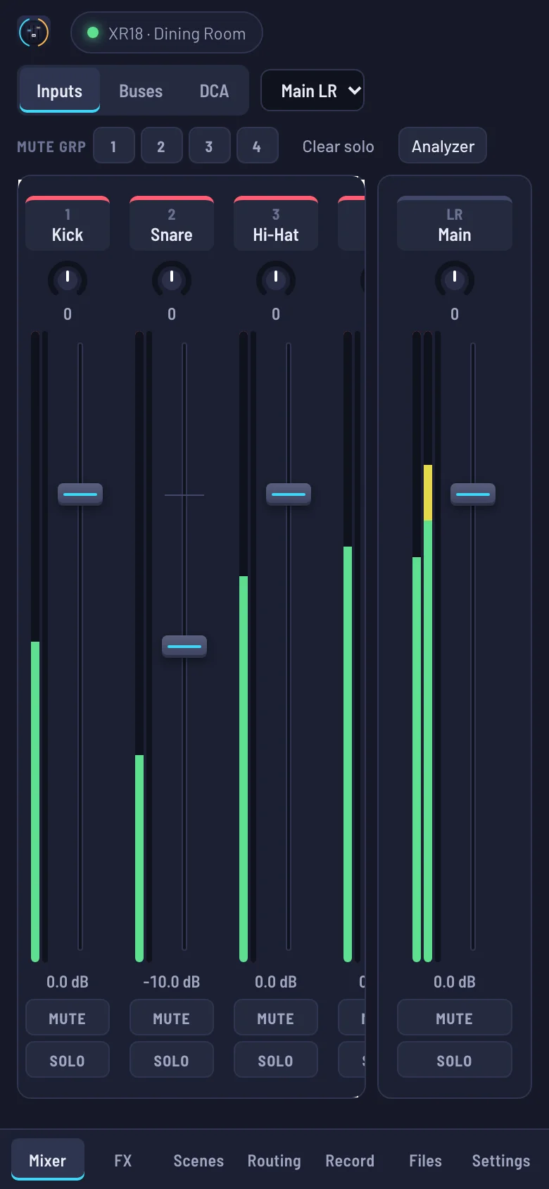Pistamix Mixer on a phone: channel strips with faders and meters, mute group buttons, and Mixer, FX, Scenes, Routing, Record, Files and Settings tabs at the bottom.